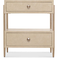 Westwood Two-Drawer Nightstand, shown in light beige and warm taupe with wood, metal, and two drawers.