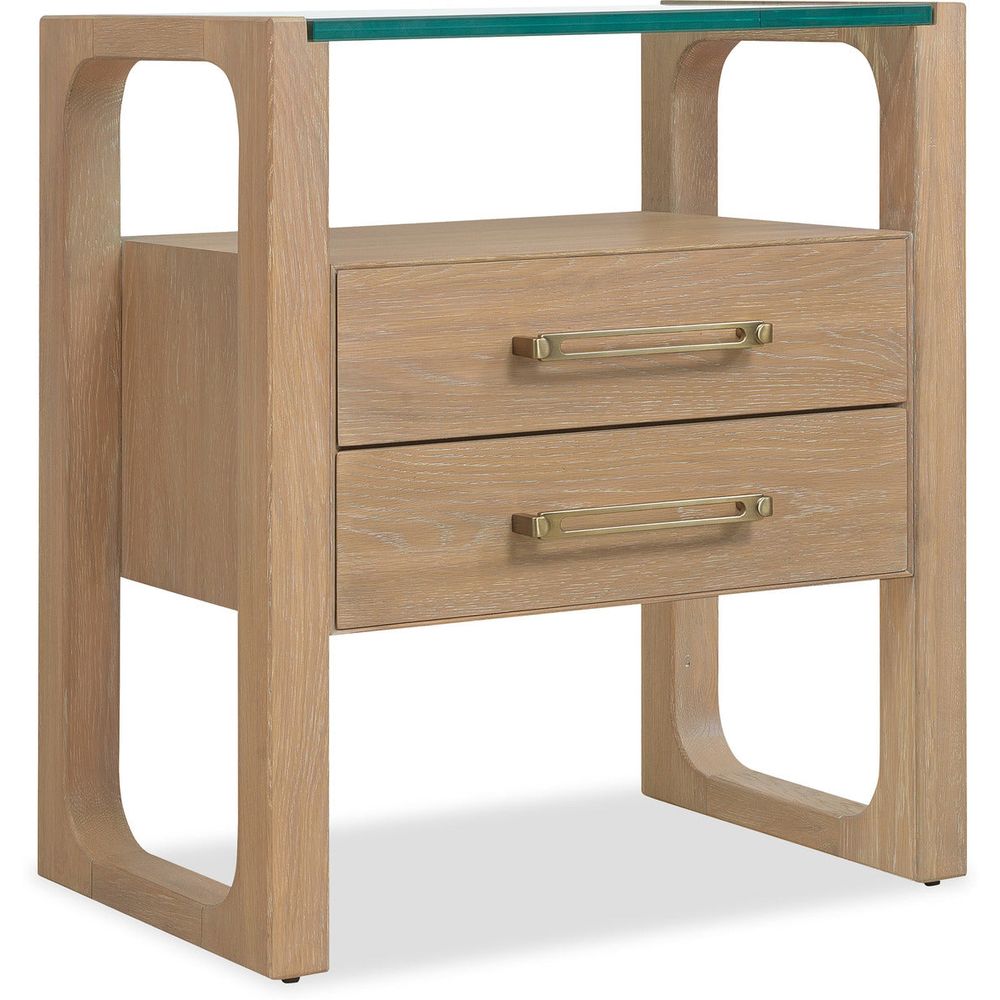 Additional view of Banyon Bay Two Drawer Nightstand, featuring brushed brass finish, wood, glass, and two full-width drawers.