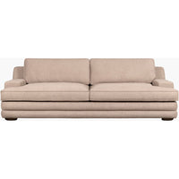 Samuel Sofa, shown in beige and taupe with textured fabric upholstery, wood, and fixed wide track arms.