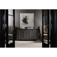 Alternate view of Melange Midnight Credenza, featuring textured distressed, wood, metal, and four-door cabinet storage.