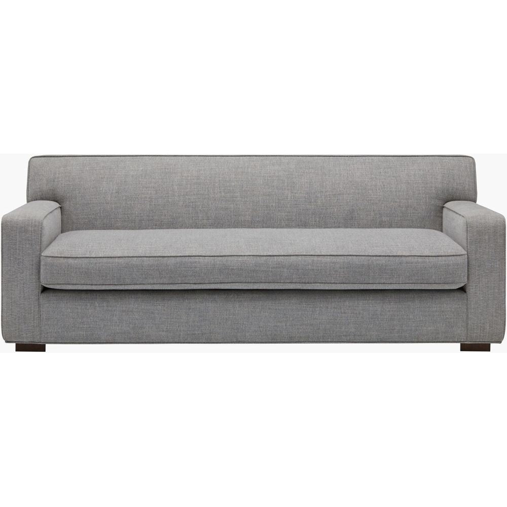 Smith Sofa, shown in light gray and heather gray with polyester fabric, wood, and fixed track arms.