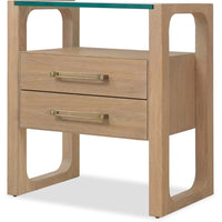 Alternate view of Banyon Bay Two Drawer Nightstand, featuring brushed brass finish, wood, glass, and two full-width drawers.