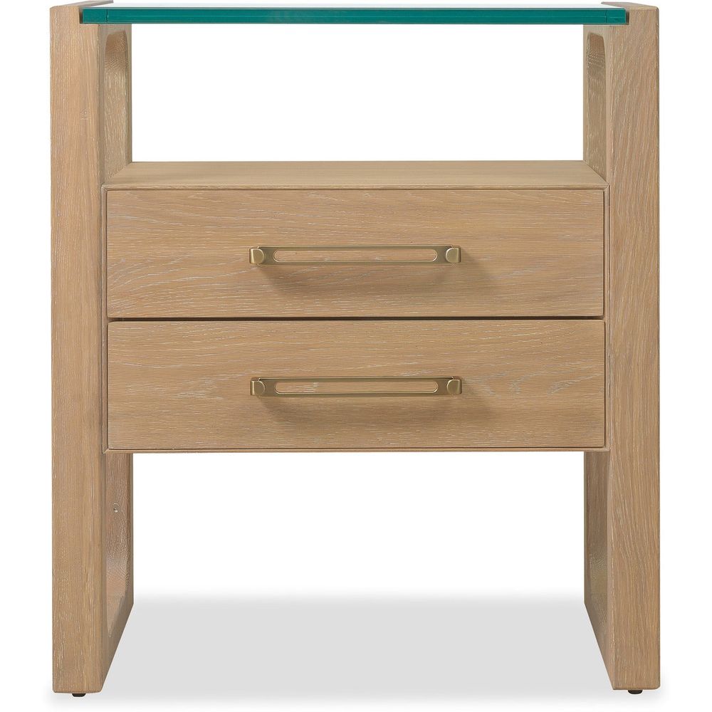 Banyon Bay Two Drawer Nightstand, shown in light oak / natural wood with wood, glass, and two full-width drawers.