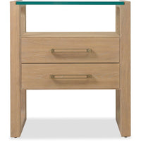 Banyon Bay Two Drawer Nightstand, shown in light oak / natural wood with wood, glass, and two full-width drawers.