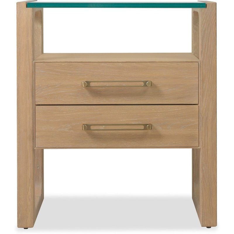 Banyon Bay Two Drawer Nightstand, shown in light oak / natural wood with wood, glass, and two full-width drawers.