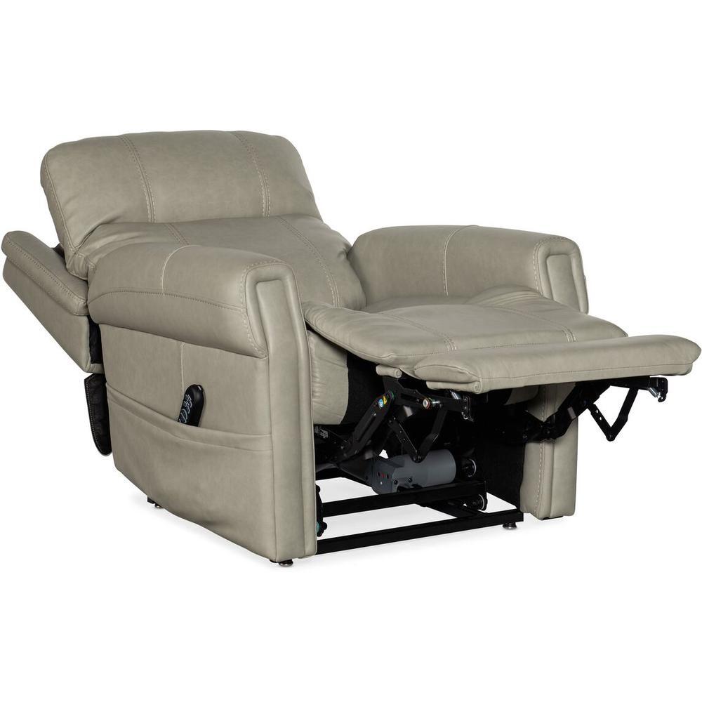 Carroll Power Recliner w/ Power Headrest, Lumbar, and Lift, shown in taupe and greige with leather and metal.