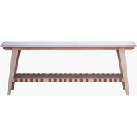 Additional view of Taft Console Table, featuring matte finish, wood, leather, and integrated lower woven storage shelf.