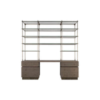 Forge Desk, shown in gray-brown and bronze with wood, glass, and integrated dual pedestal drawer storage.