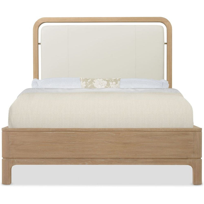 Banyon Bay Bed, shown in light natural oak and cream with wood, upholstery fabric, and upholstered headboard panel.