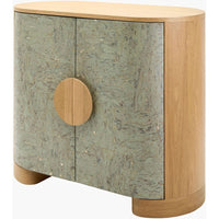 Additional view of Poros Cabinet in light oak and sage green, featuring matte finish and two-door enclosed storage.