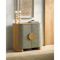 Alternate view of Poros Cabinet, featuring matte finish, oak wood, cork, and two-door enclosed storage.