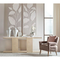 Alternate view of Westwood Console Table, featuring wood, marble, and full-length lower open shelf.