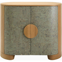 Poros Cabinet, shown in light oak and sage green with oak wood, cork, and two-door enclosed storage.
