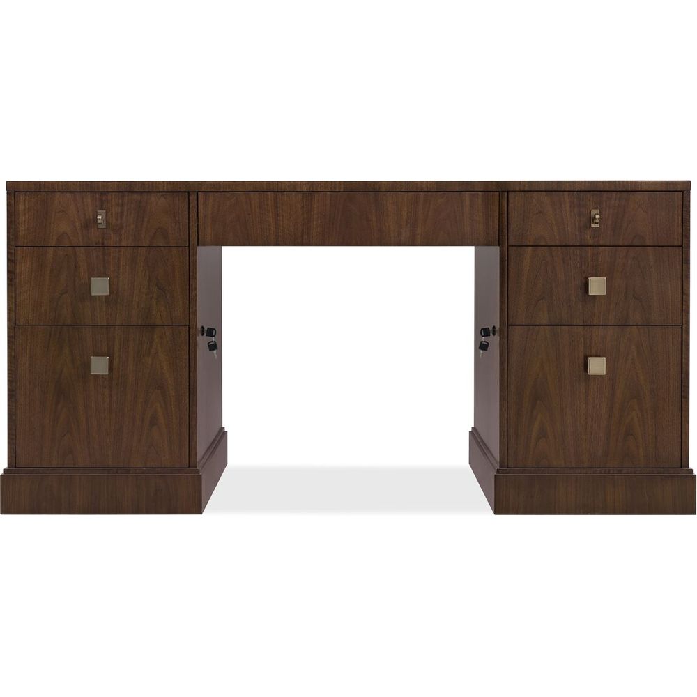 Archives Executive Desk, shown in dark brown and walnut brown with wood, metal, and double pedestal storage.