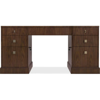 Archives Executive Desk, shown in dark brown and walnut brown with wood, metal, and double pedestal storage.