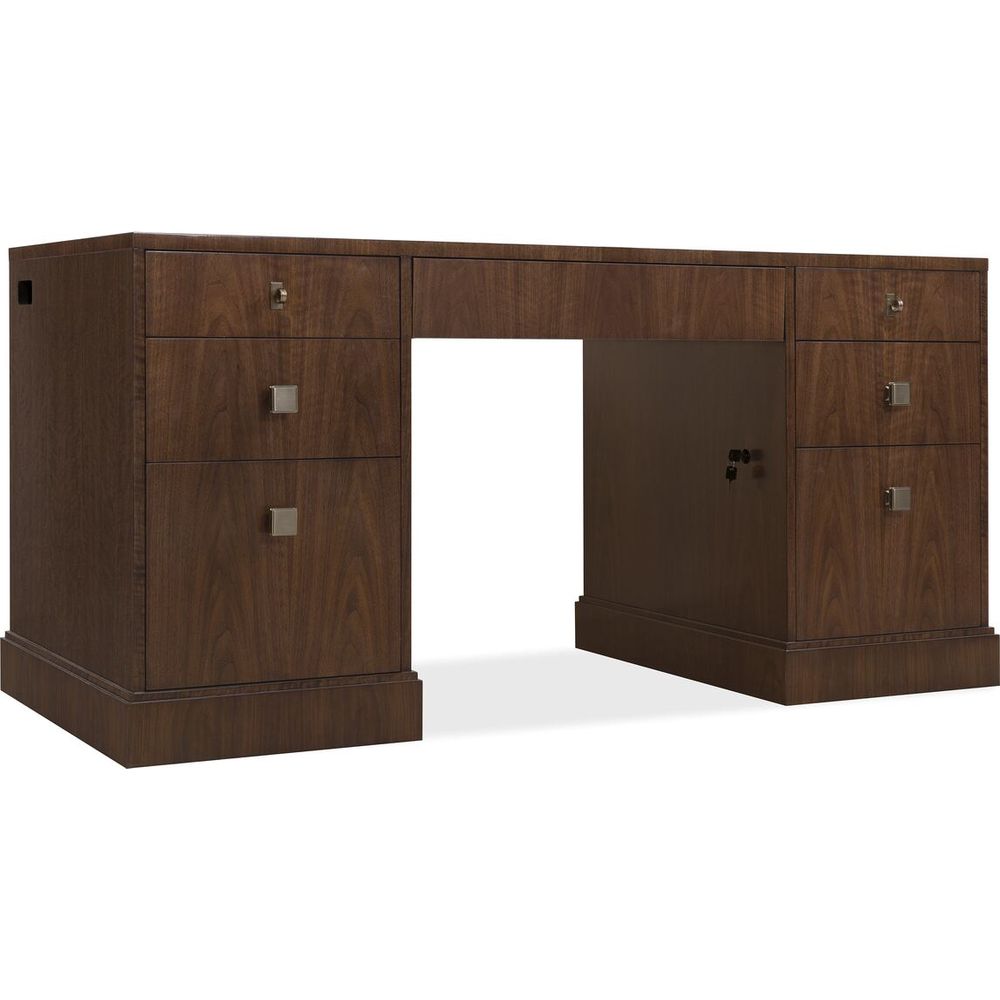 Additional view of Archives Executive Desk in dark brown and walnut brown, featuring double pedestal storage.