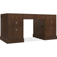 Additional view of Archives Executive Desk in dark brown and walnut brown, featuring double pedestal storage.