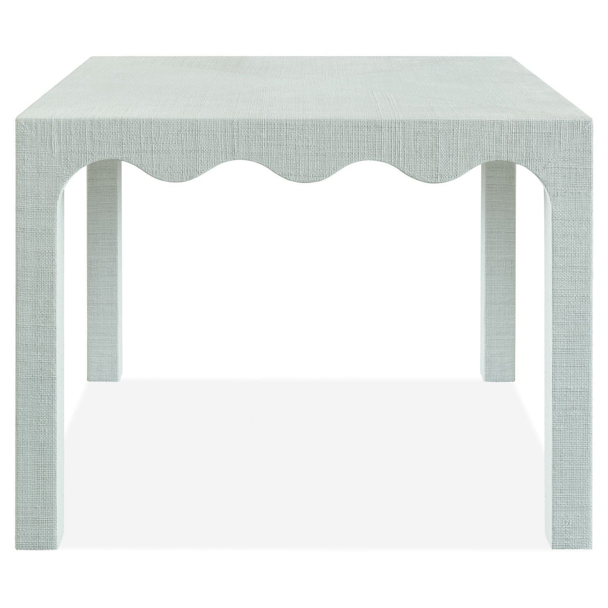 Commerce and Market Naomi Raffia Game Table, shown in soft mint green and pale seafoam with raffia and wood.