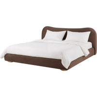 Isbah Bed, shown in warm brown and mocha with upholstery fabric, wood, and integrated wooden slat mattress support.