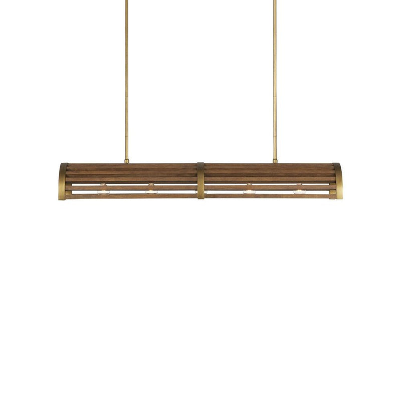 Woodbine Chestnut Rectangular Chandelier, shown in medium brown and antique brass with wood and metal.