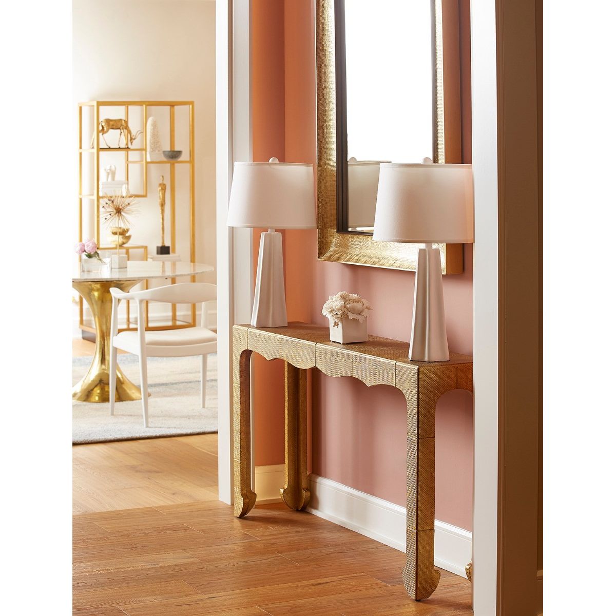Alternate view of Jaques Console Table, featuring repoussé finish, brass, metal, and narrow profile.