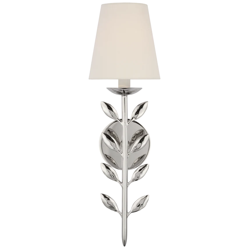 Quinn 20" Sconce, shown in white and polished silver with fabric, metal, and a wall-mounting circular backplate.