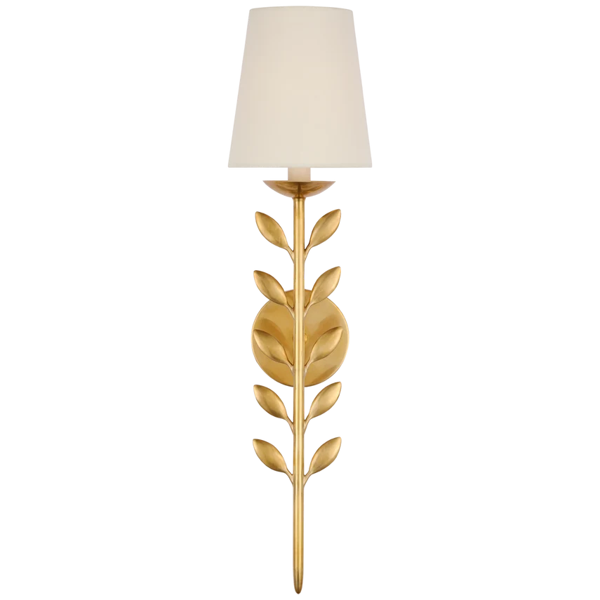 Quinn 26" Sconce, shown in antique brass and cream with brass, linen fabric, and a wall-mounting backplate.