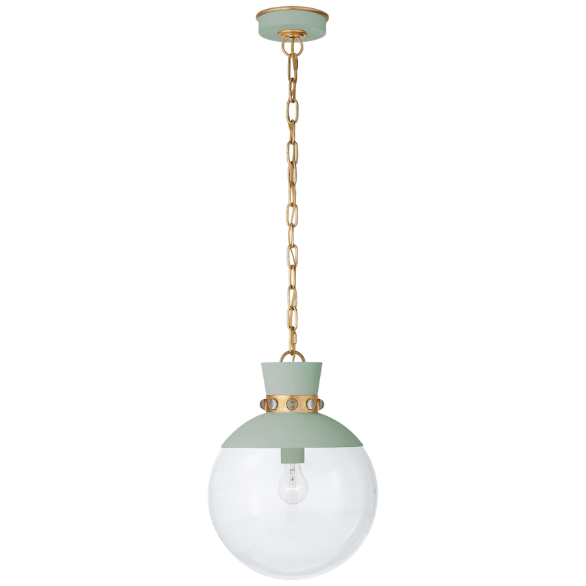 Lucy Medium Pendant, shown in sage green and brass gold with metal, glass, and a chain-hung ceiling mount.