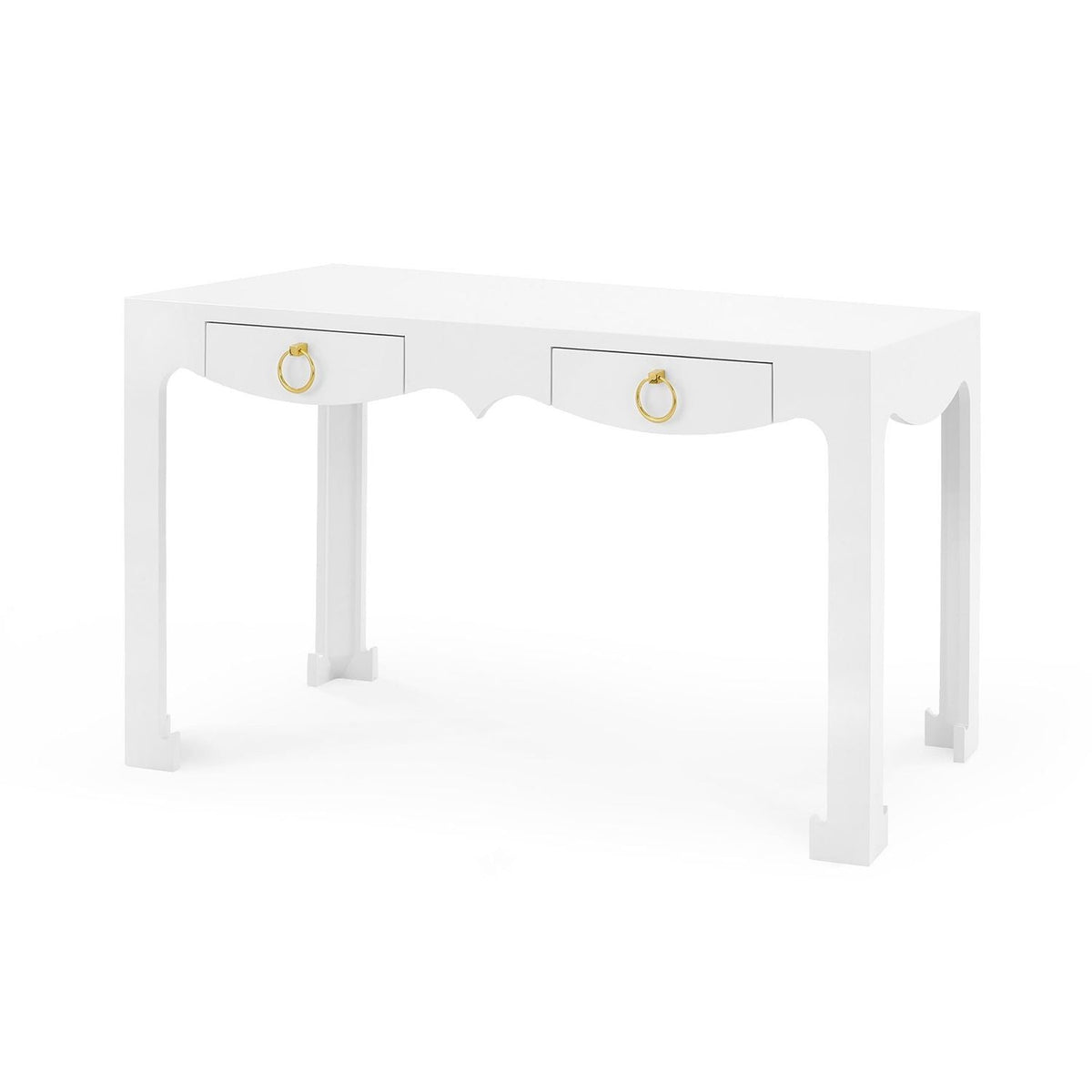 Jordan Console / Desk, shown in white with wood, veneer, and two drawers.
