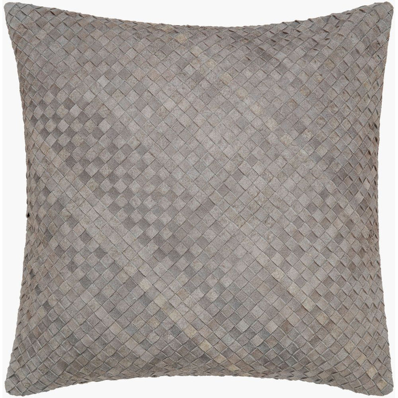 Joshua Pillow, shown in taupe and greige with woven leather, suede, and knife-edge construction with solid border panel.