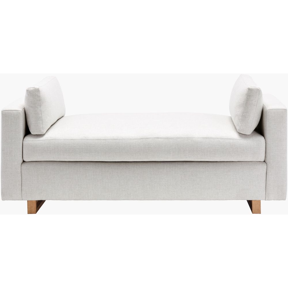 Kaufmann Bench, shown in light beige and off-white with fabric, wood, and fixed block arms.