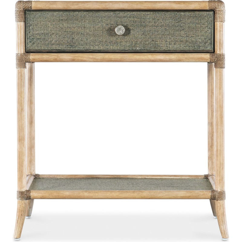 Retreat Pole Rattan Bedside Table, shown in natural blonde and sage olive with rattan pole and wood.