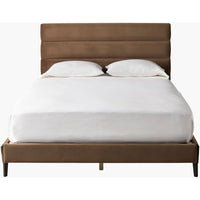 Knox Upholstered Bed, shown in warm brown and taupe with upholstery fabric, wood, and a upholstered platform base.