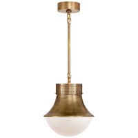 Precila Small Pendant, shown in brass and black with metal, glass, and a ceiling-mounted canopy.
