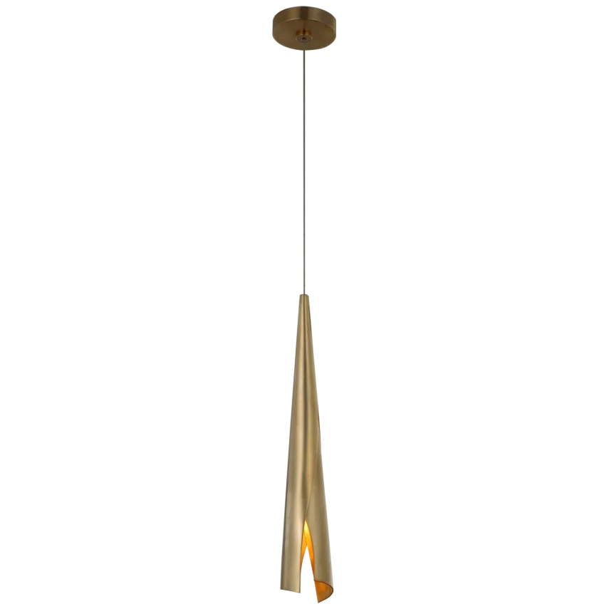 Pieboe Delicate Wrapped Pendant, shown in brushed brass gold and dark bronze with metal and a ceiling canopy mount.