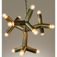 Snow Flake Chandelier, shown in antique brass and olive-bronze with metal, brass, and chain-hung suspension.