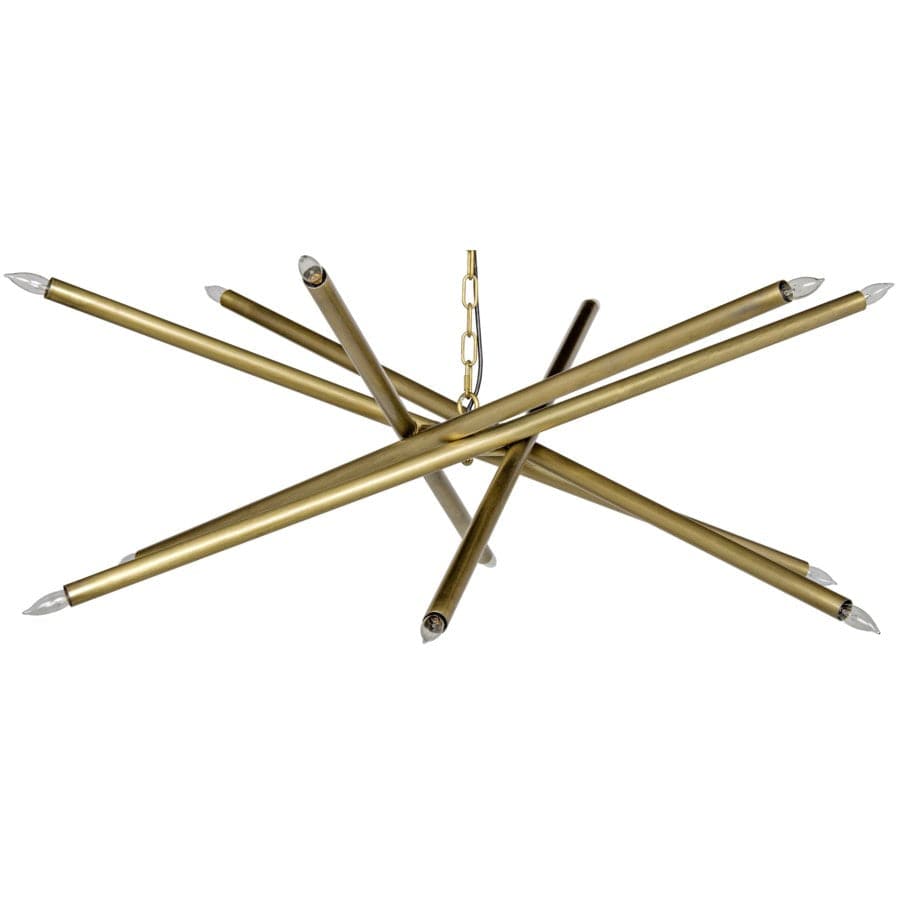Ikram Chandelier, shown in antique brass and dark bronze with metal, glass, and chain-hung ceiling suspension.
