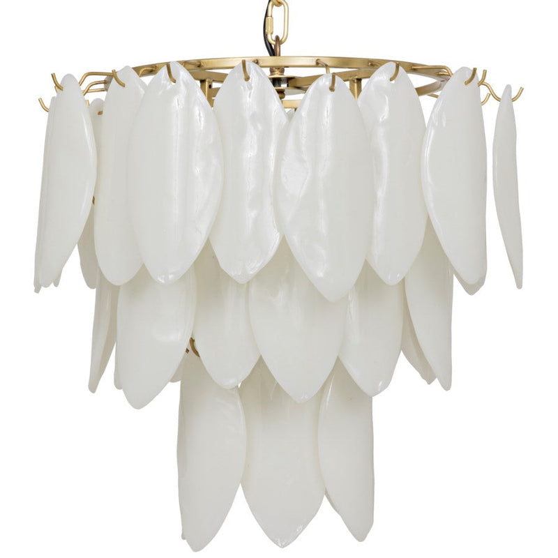 Lotus Chandelier, shown in white and brass gold with glass, metal, and ceiling-hung chain suspension.