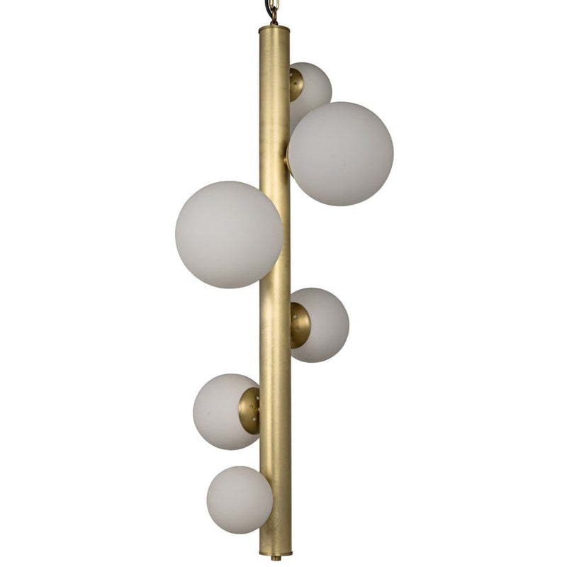 Orellana Chandelier, Antique Brass, shown in antique brass and frosted white with brass and frosted glass.