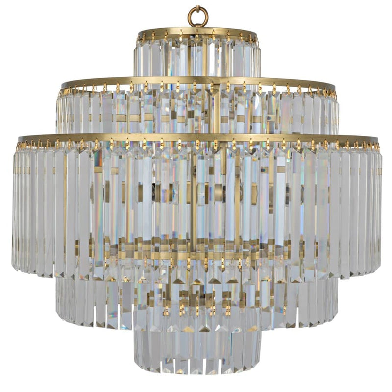 Quintus Chandelier, shown in brass gold and clear crystal with crystal glass, brass metal, and ceiling-suspension loop.