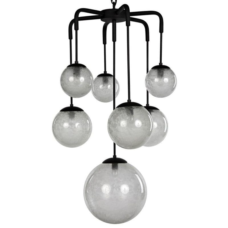 Artemis Chadelier, Metal w/Black Finish, shown in matte black and clear/frosted glass with iron/metal and hand-blown glass.