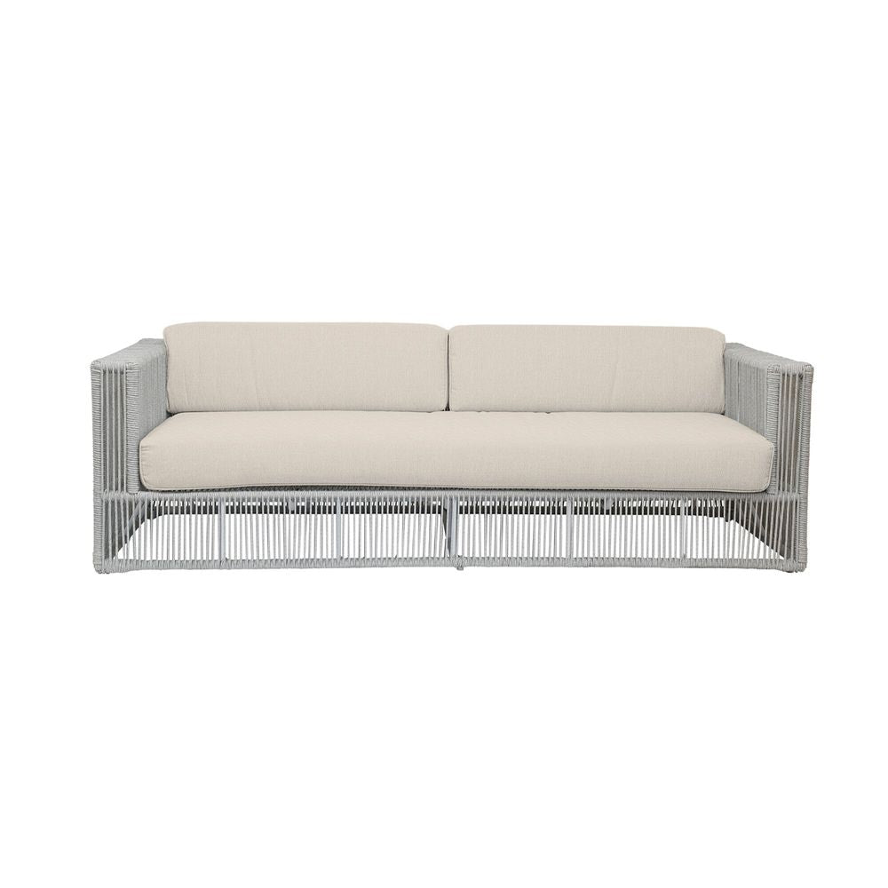 Alternate view of Miami Sofa in Echo Ash w/ Self Welt in ash grey and beige with low-profile rectangular block.