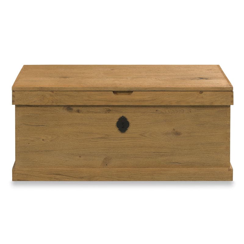Keepsake Trunk, shown in light oak and honey brown with solid wood, metal, and hinged lift-top storage compartment.