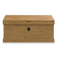 Keepsake Trunk, shown in light oak and honey brown with solid wood, metal, and hinged lift-top storage compartment.
