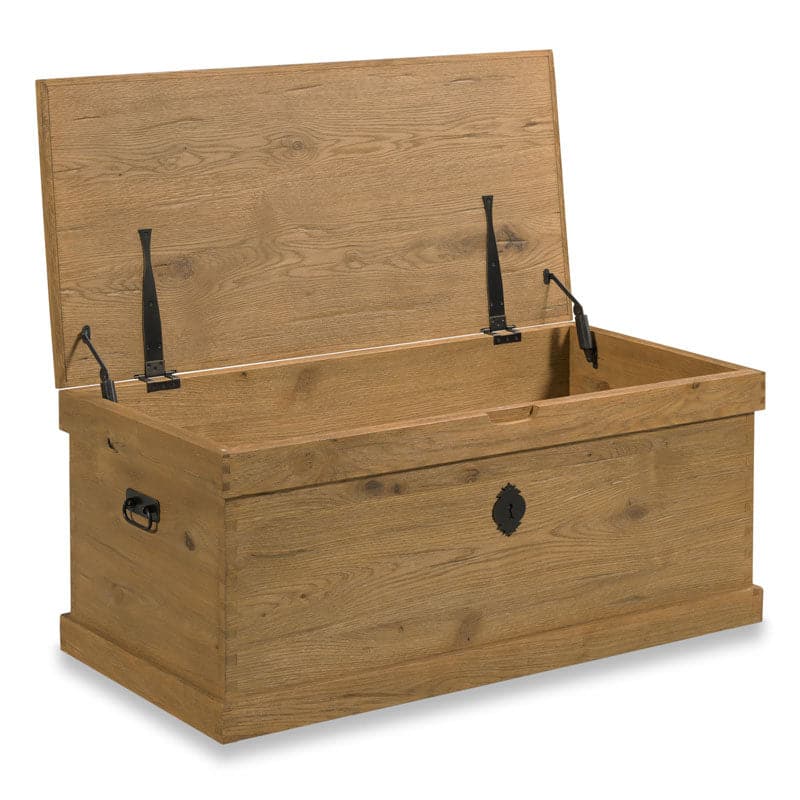 Alternate view of Keepsake Trunk, featuring solid wood, metal, and hinged lift-top storage compartment.