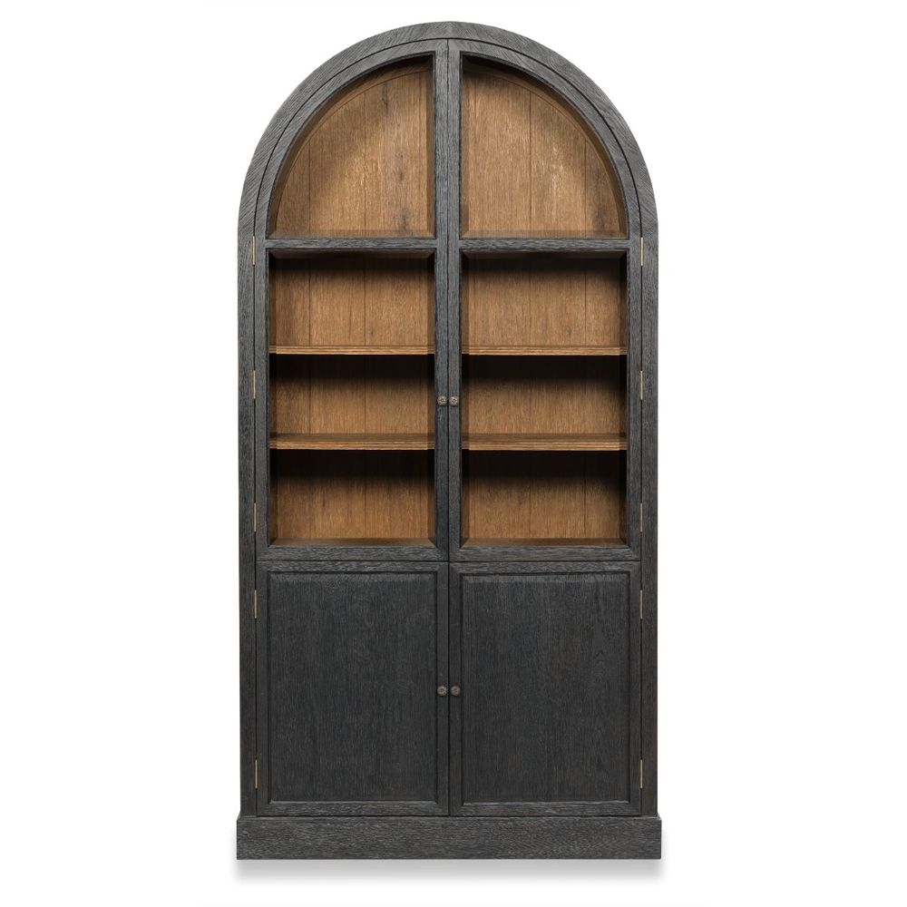 Curiosity Cabinet, shown in charcoal gray and blackened wood with wood and glass.