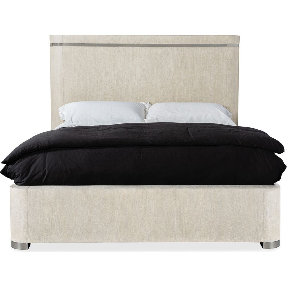 Modern Mood Cal King Panel Bed, shown in light beige and warm taupe with wood, fabric upholstery, and panel headboard.