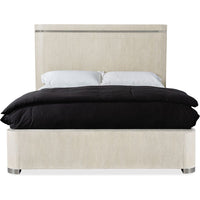 Modern Mood Cal King Panel Bed, shown in light beige and warm taupe with wood, fabric upholstery, and panel headboard.