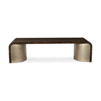 Glide Cocktail Table, shown in dark brown and warm taupe with wood veneer, metal, and low cocktail/coffee height.