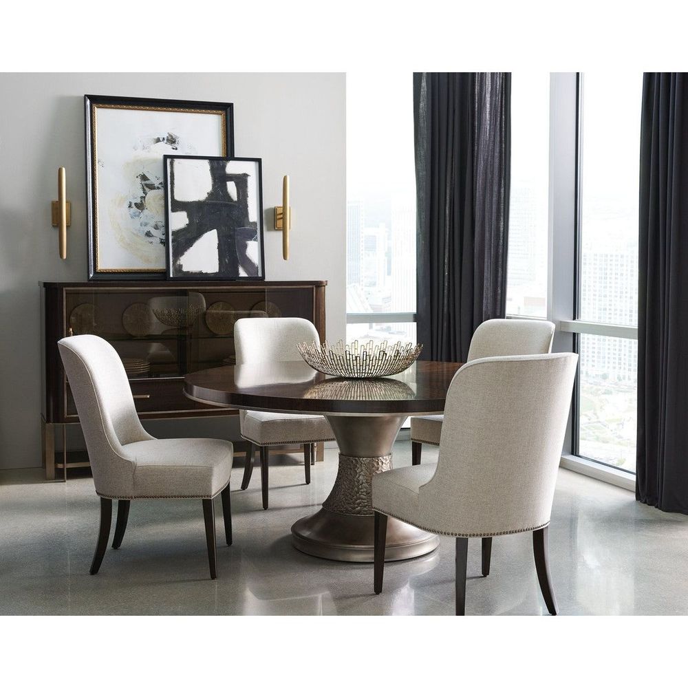 Additional view of Glide Side Chair in beige and dark brown, featuring textured upholstery finish and armless.
